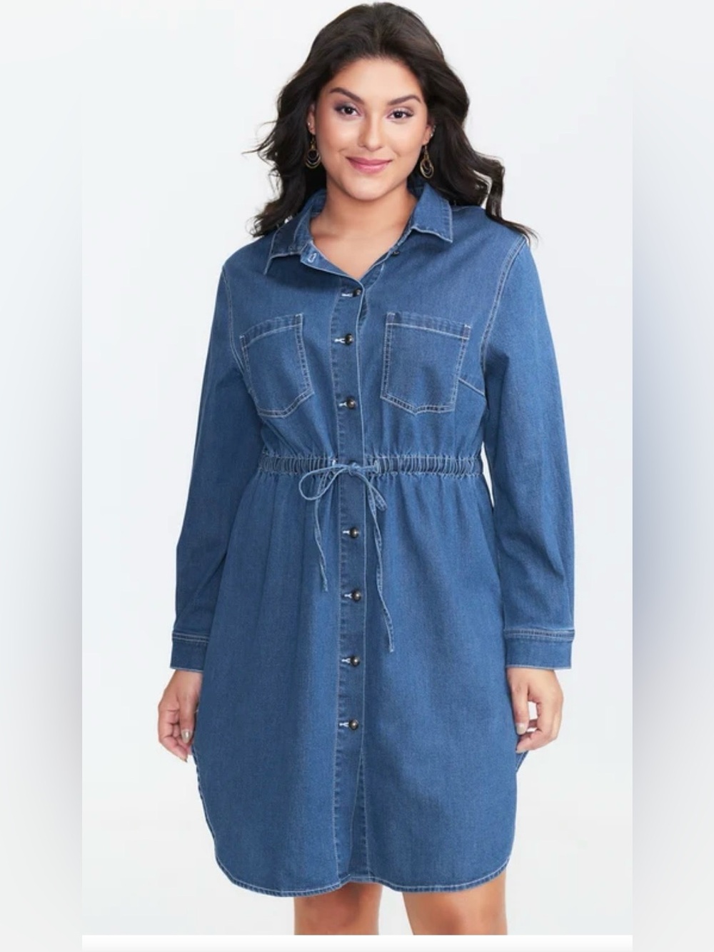 BloomChic Denim Shirt Dress Drawstring Waist Defining Button Front Long Sleeve